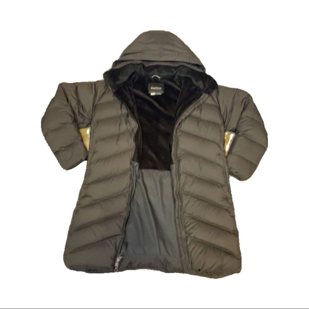Marmot youth puffer long coat size large with hood